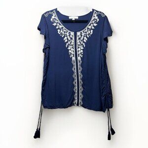 Fourteenth Place Top Womens XXL Blue White Embroidery Floral Boho Flutter Sleeve